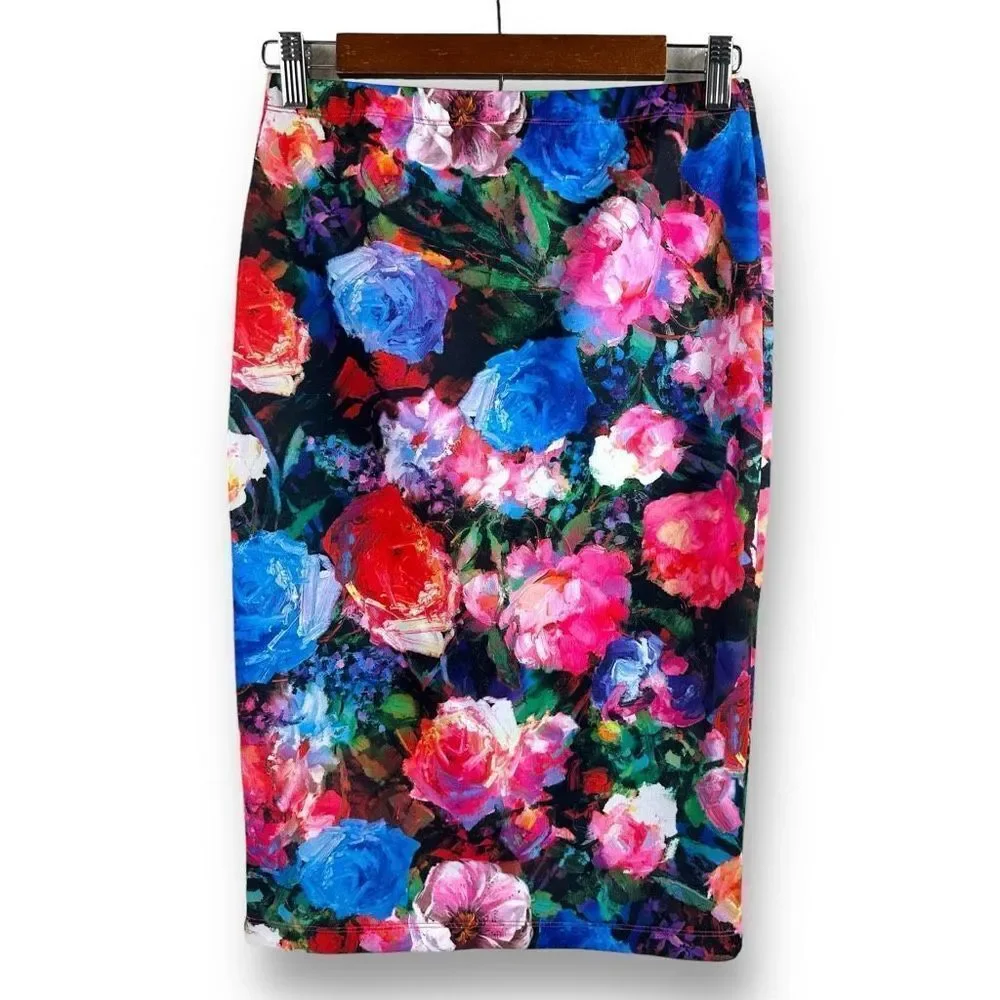 Express Women's Size S Bright‎ Floral Pencil Skirt Multicolor Rainbow Rose Print